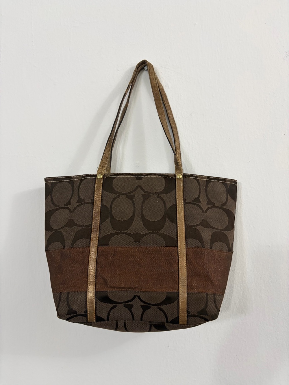 Coach Brown Jacquard & Bronze Metallic Signature Stripe Tote Handbag 11098